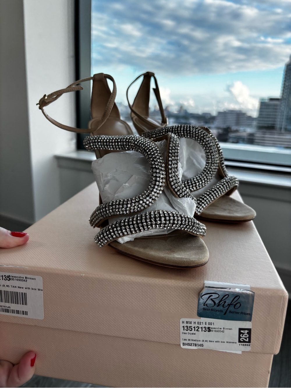 Alexandre Birman Cleo Crystal-Embellished Strappy Tan Heels